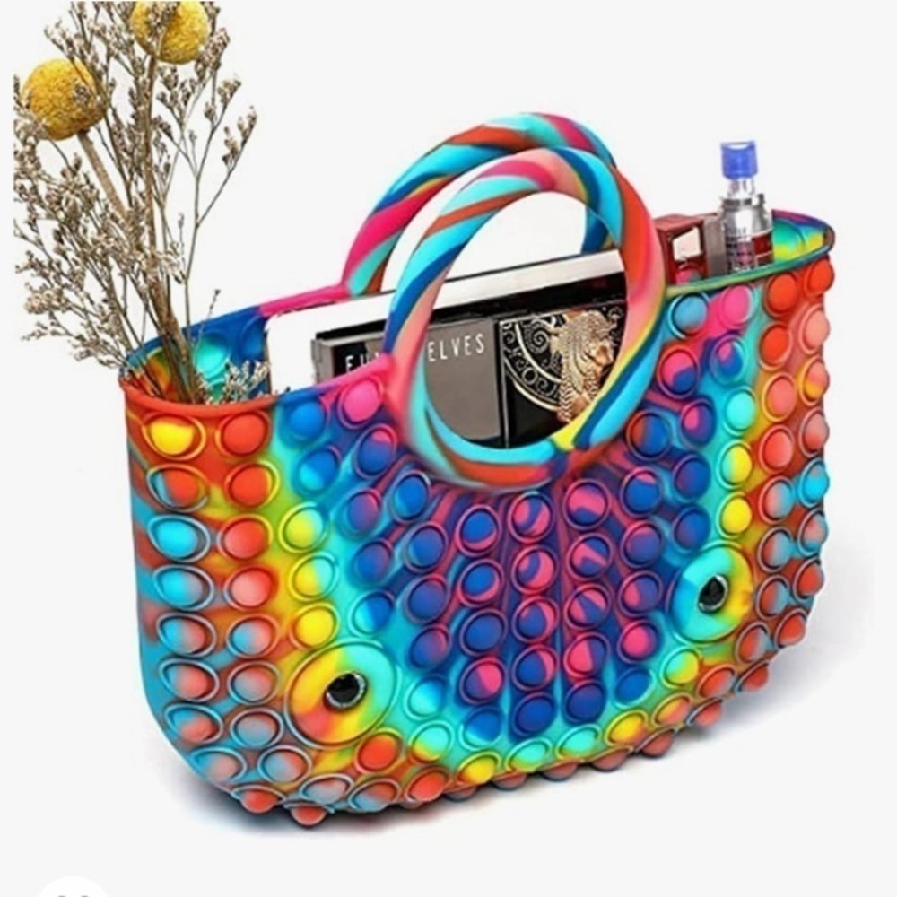 Women’s Rainbow Pop It Silicone Jelly Satchel Purse Handbag Double Top Handle - Picture 3 of 12